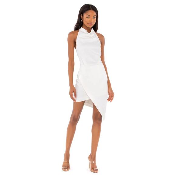 Elliatt Camo Mini Dress in White Halter Neck Asymmetrical Hem NWOT Size L - Picture 2 of 9